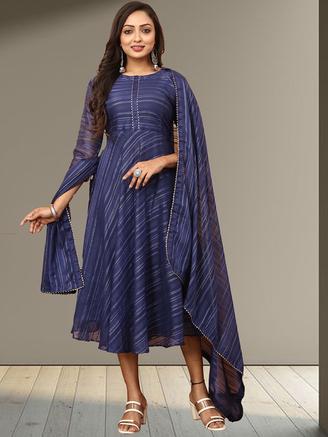 

N N ENTERPRISE Striped Fit & Flared Georgette Anarkali Ethnic Dress With Dupatta, Blue