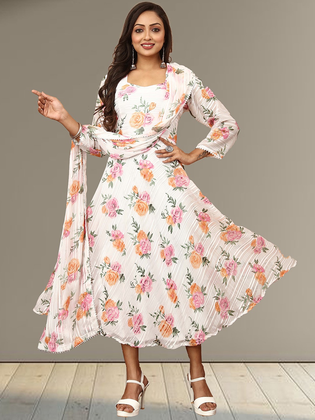 

N N ENTERPRISE Floral Printed Fit & Flare Georgette Anarkali Ethnic Dress With Dupatta, White