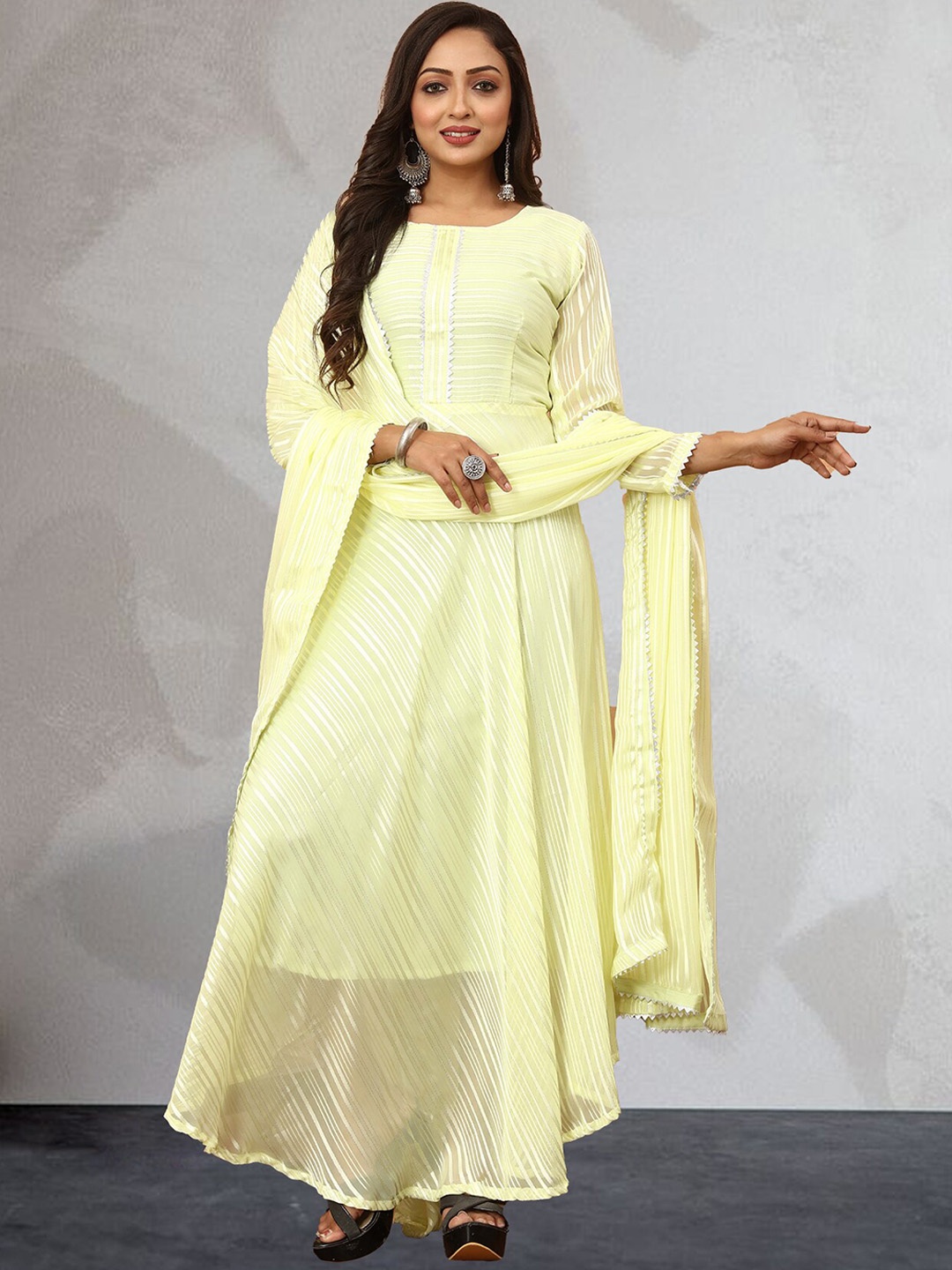 

N N ENTERPRISE Striped Fit & Flared Anarkali Gown With Duppata, Yellow