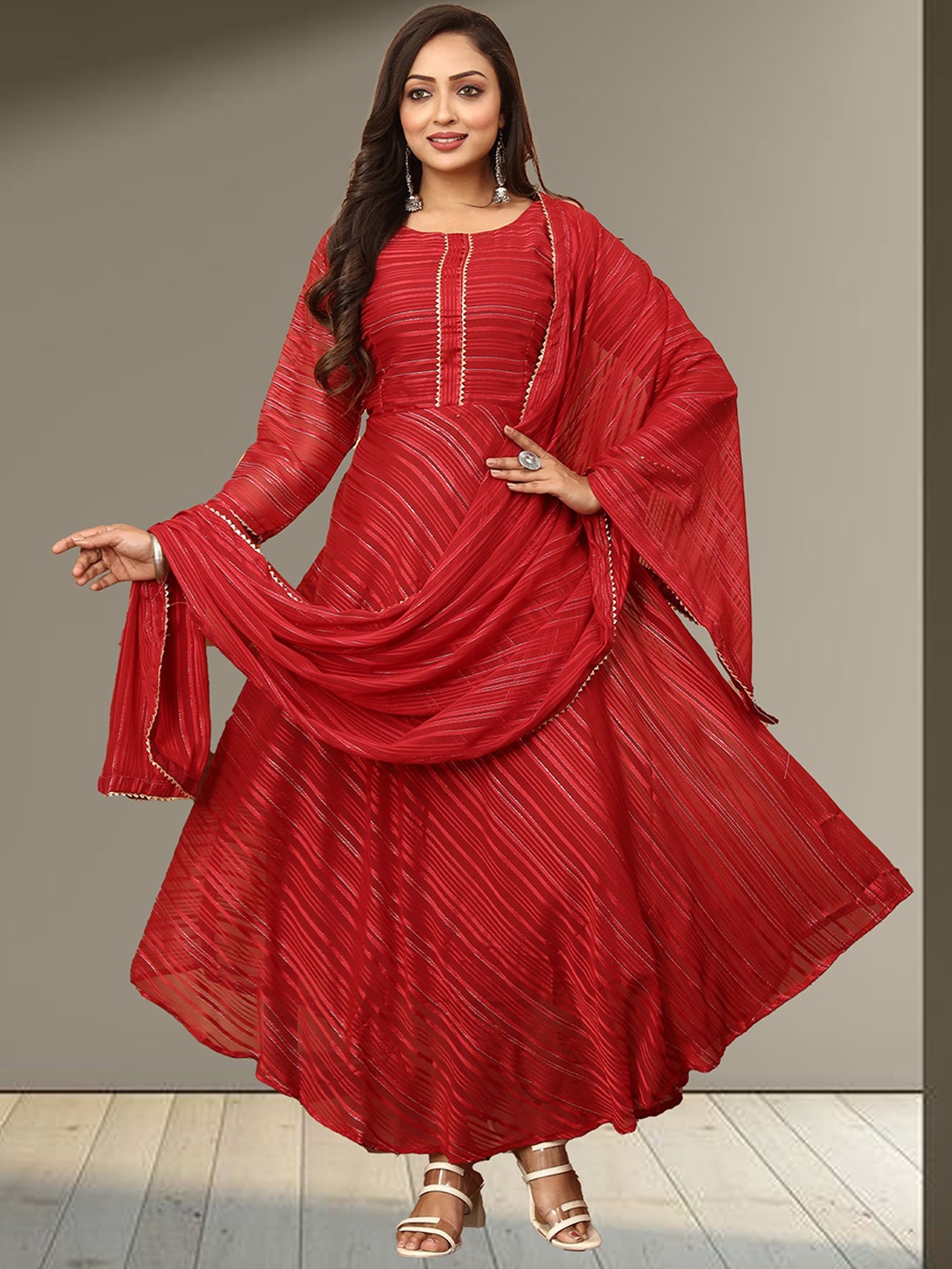 

N N ENTERPRISE Striped Gown Maxi Ethnic Dresses With Dupatta, Red