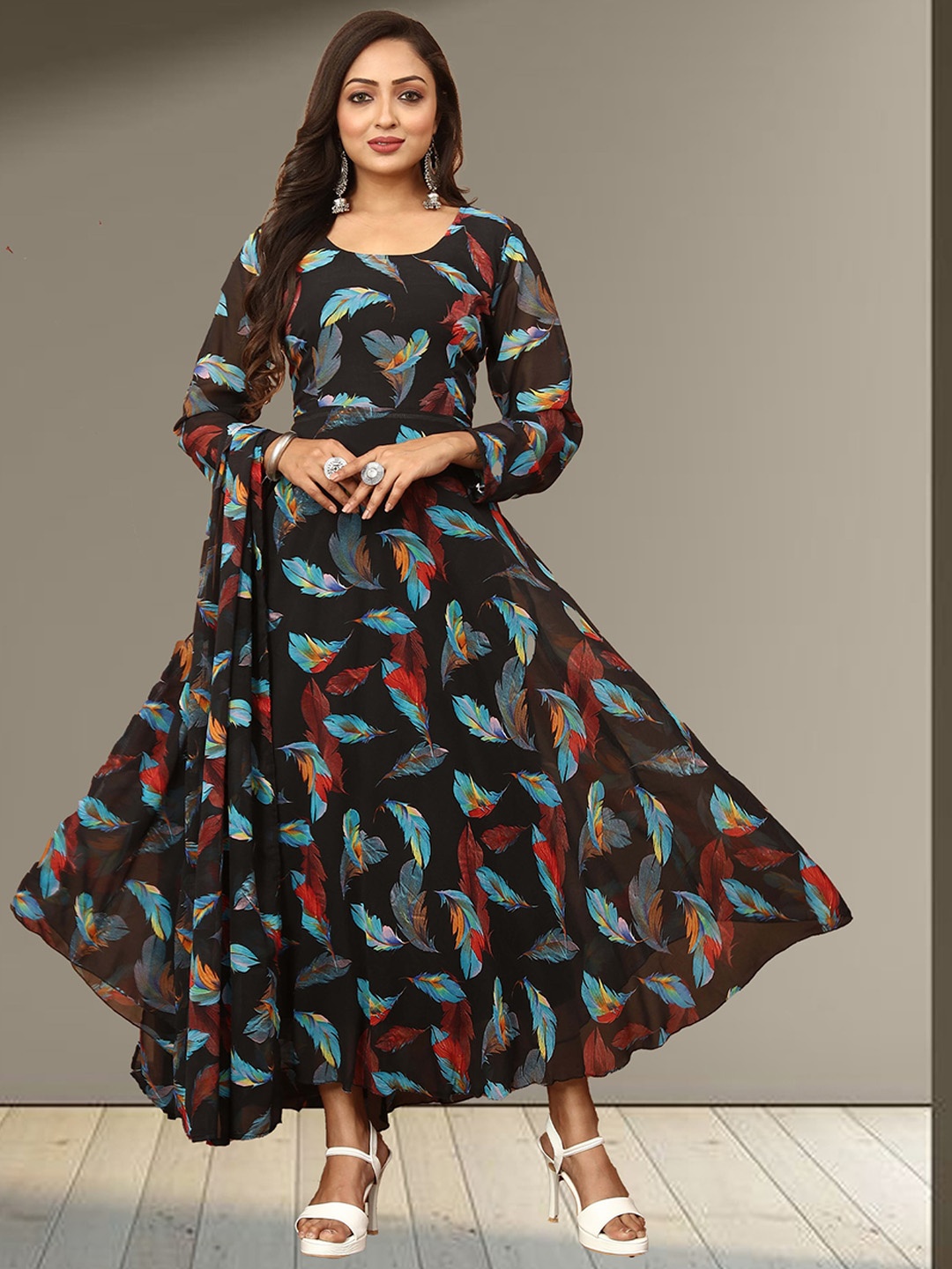 

N N ENTERPRISE Printed Georgette Fit & Flare Ethnic Dress With Dupatta, Black