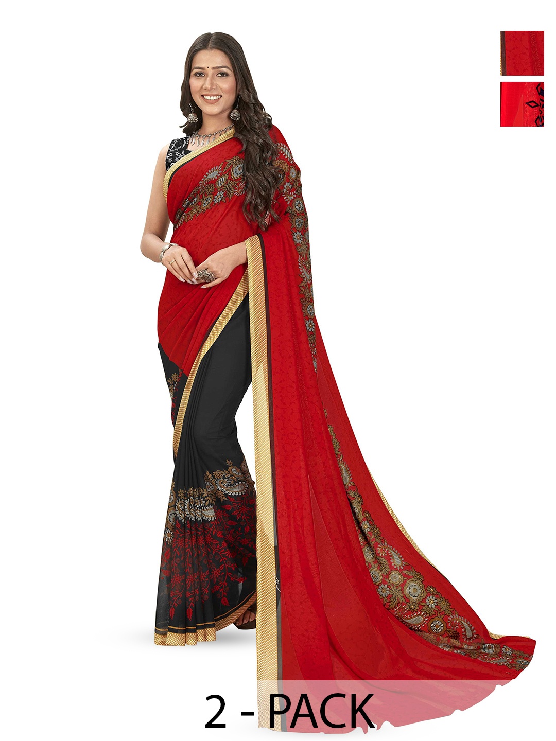 

ANAND SAREES Floral Poly Georgette Saree Pack of 2, Red