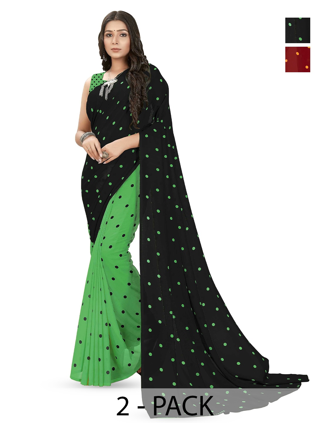 

ANAND SAREES Poly Georgette Saree Pack of 2, Green