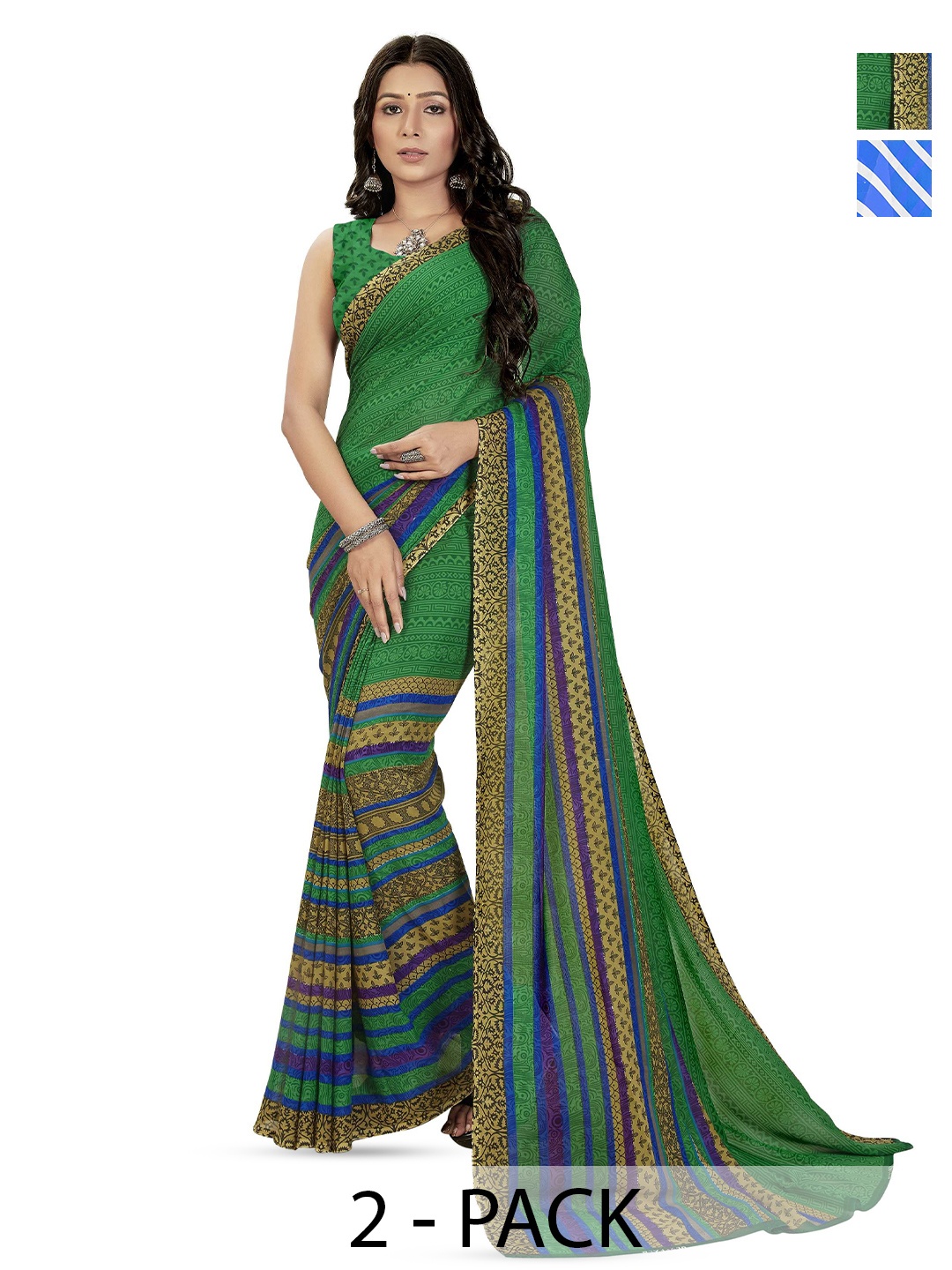 

ANAND SAREES Selection Of 2 Striped Printed Sarees With Blouse Piece, Blue