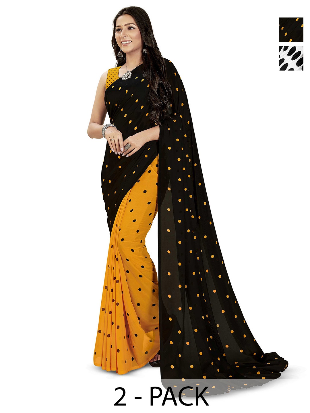 

ANAND SAREES Selection Of 2 Polka Dot Half And Half Sarees, Black