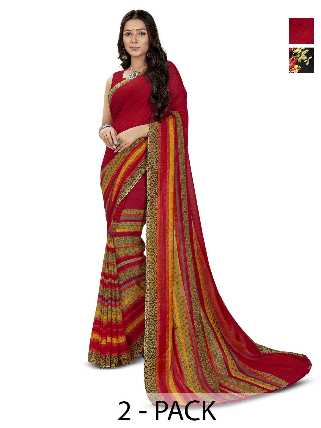 

ANAND SAREES Selection Of 2 Floral Poly Georgette Saree, Red