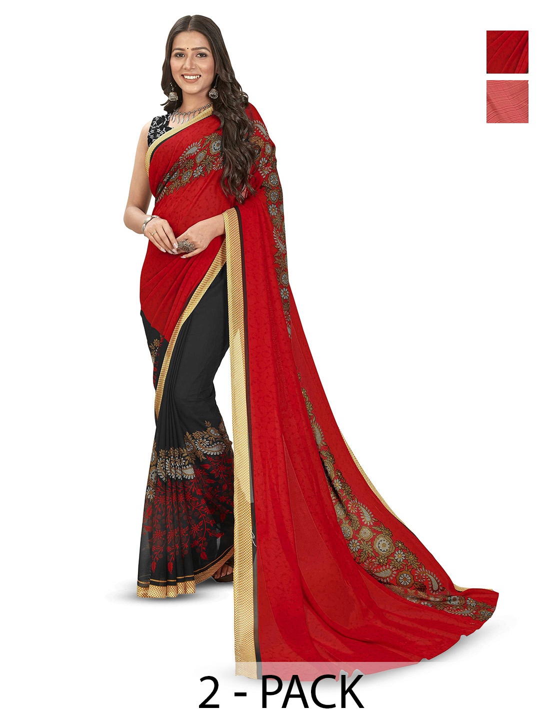 

ANAND SAREES Selection Of 2 Floral Printed Saree, Red