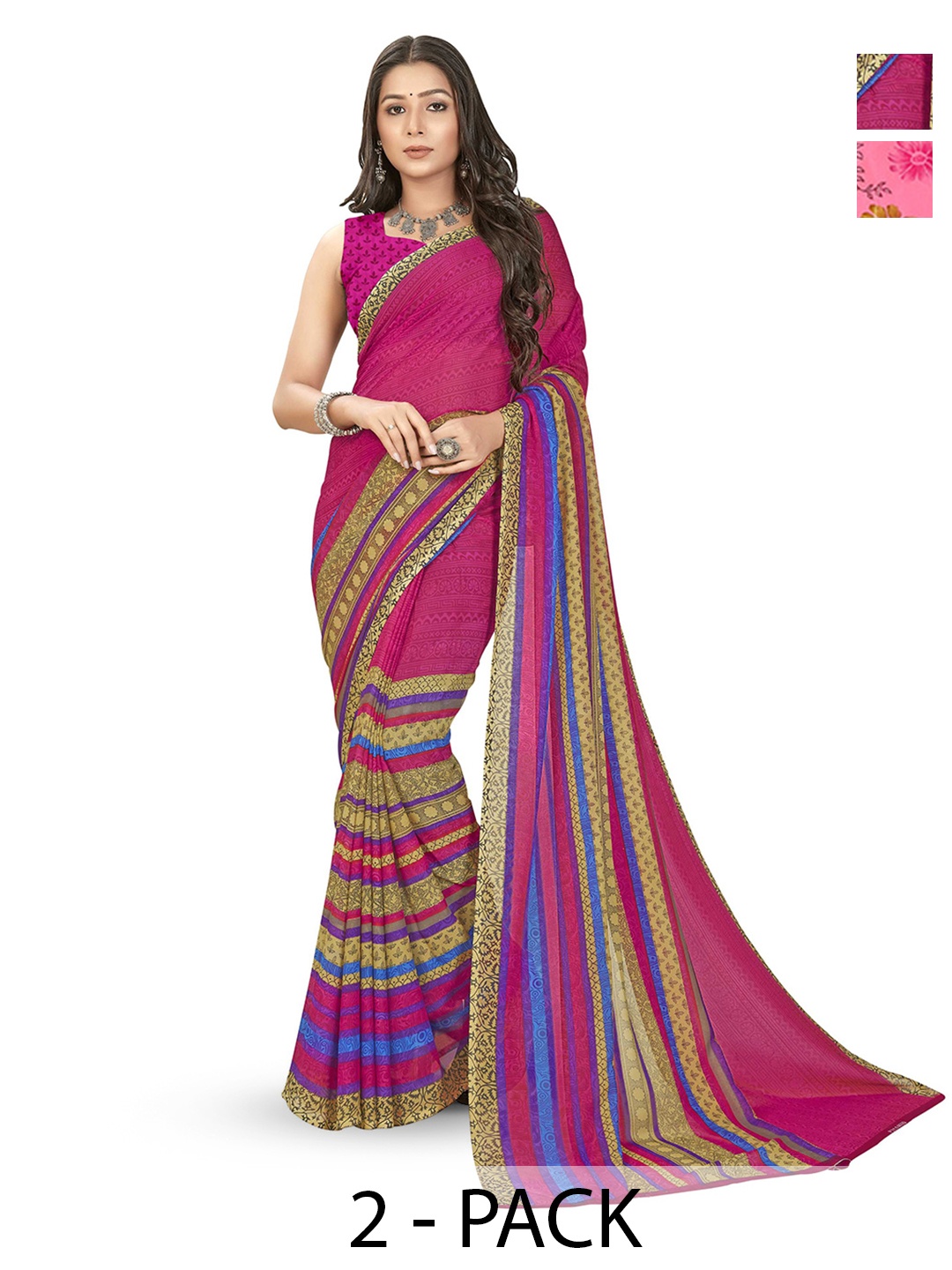 

ANAND SAREES Selection of 2 Floral Printed Sarees, Pink