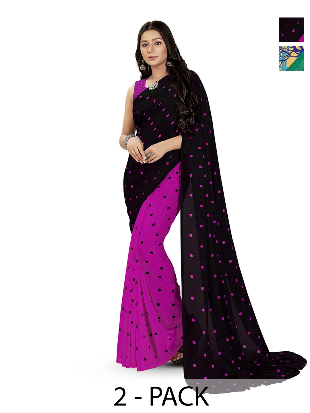 

ANAND SAREES Polka Dot Poly Georgette Saree PACK OF 2, Black