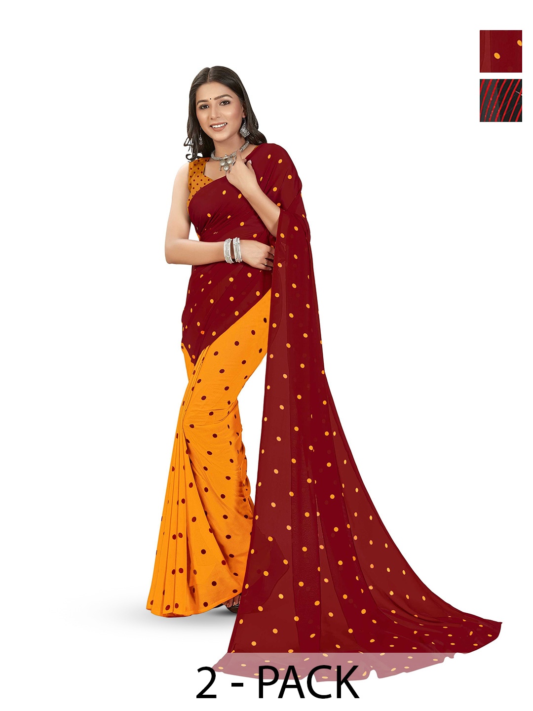 

ANAND SAREES Selection of 2 Polka Dots Printed Half & Half Sarees, Maroon