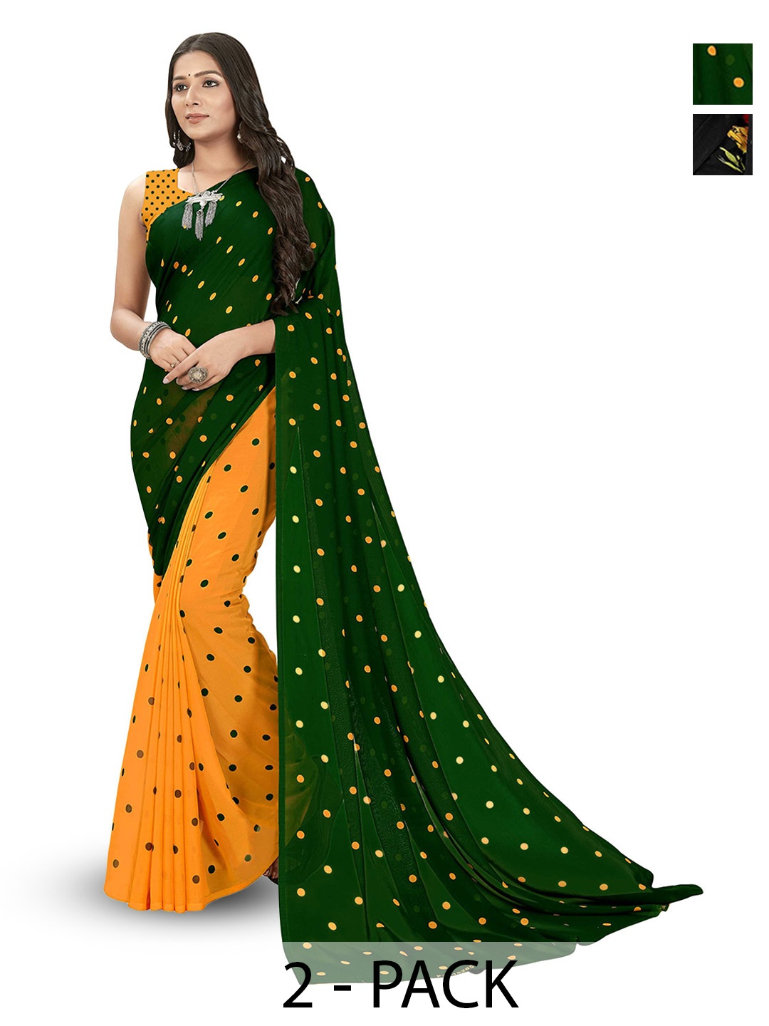 

ANAND SAREES Polka Dot Floral Saree Pack of 2, Green