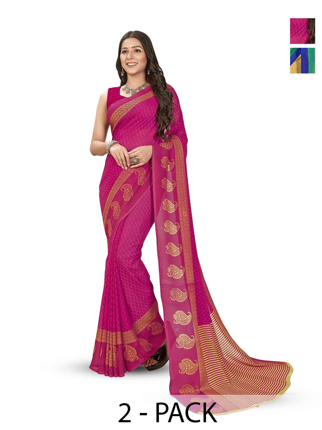 

ANAND SAREES Pack Of 2 Ethnic Motifs Saree With Blouse Piece, Pink