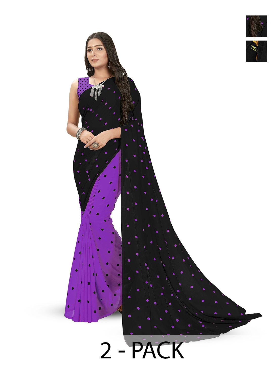 

ANAND SAREES Floral Polka Dot Saree Pack of 2, Black