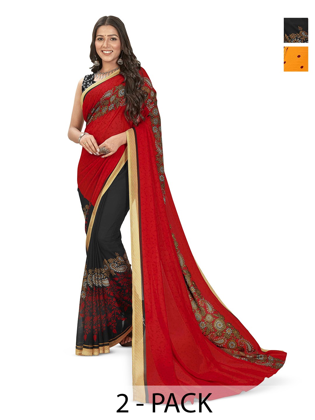 

ANAND SAREES Pack Of 2 Floral Saree With Blouse Piece, Red