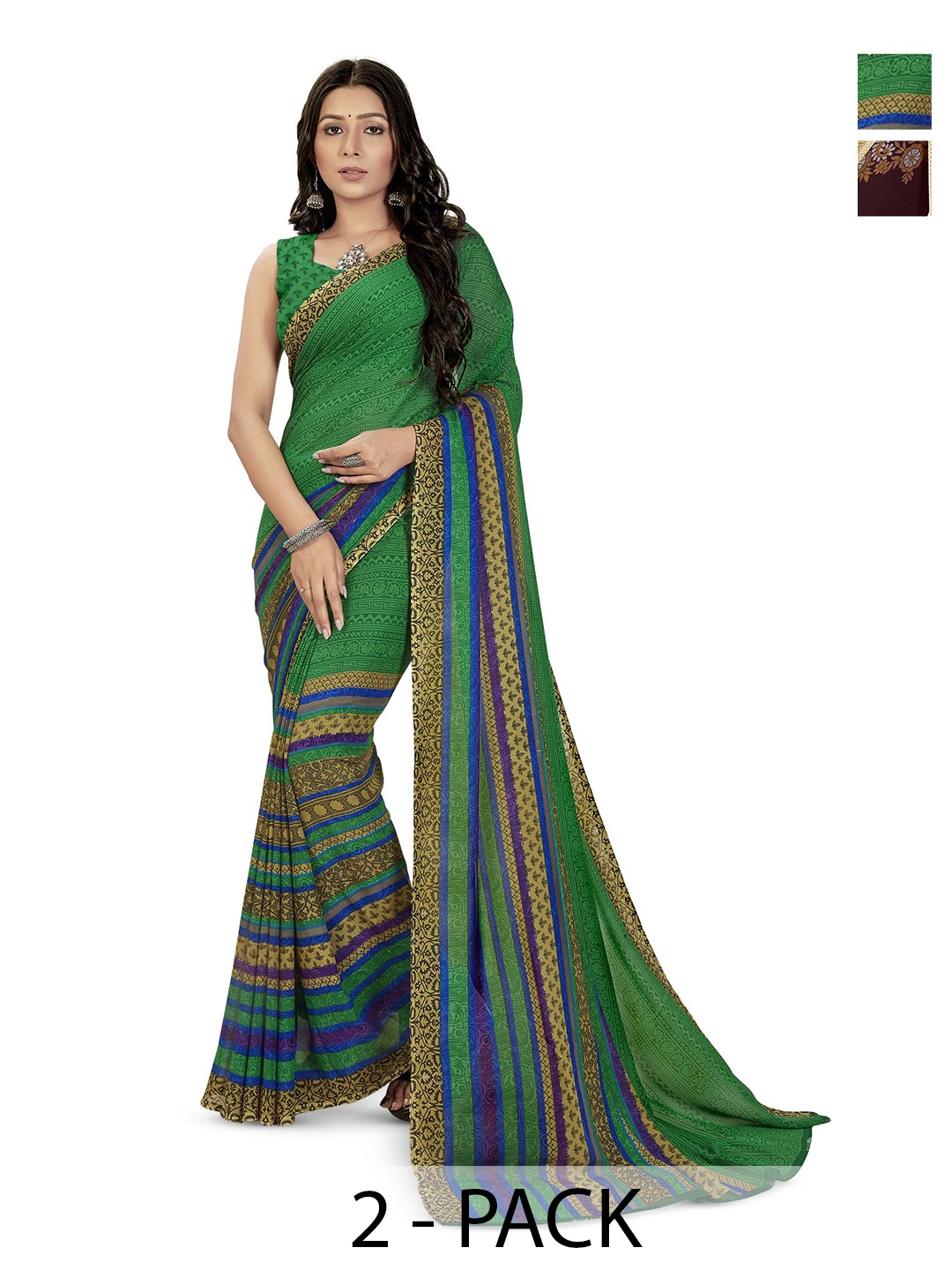 

ANAND SAREES Selection Of 2 Floral Printed Sarees, Green