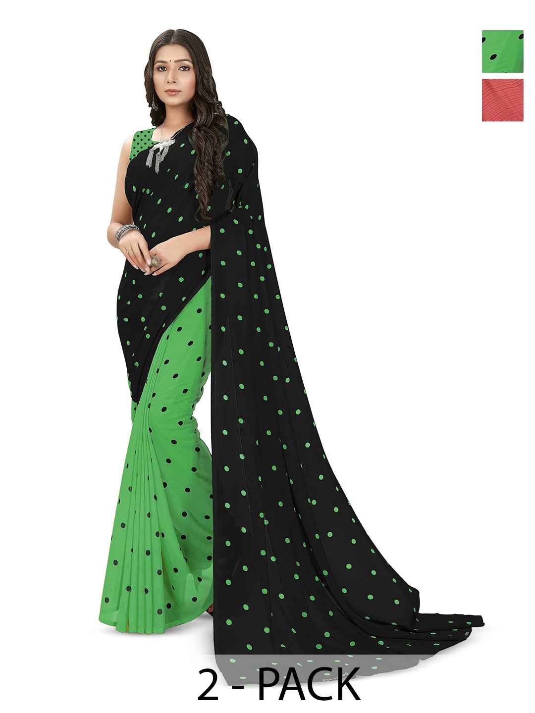 

ANAND SAREES Selection of 2 Polka Dot Saree, Green