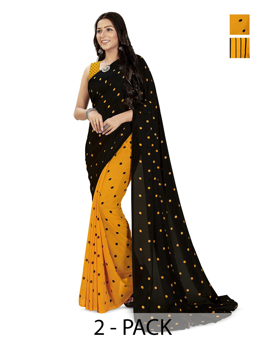 

ANAND SAREES Selection of 2 Polka Dot Saree, Black