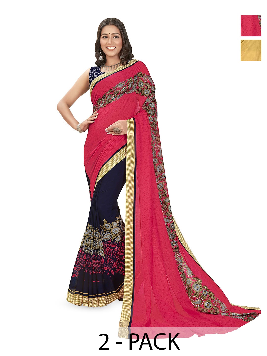 

ANAND SAREES Selection Of 2 Floral Printed Saree, Pink