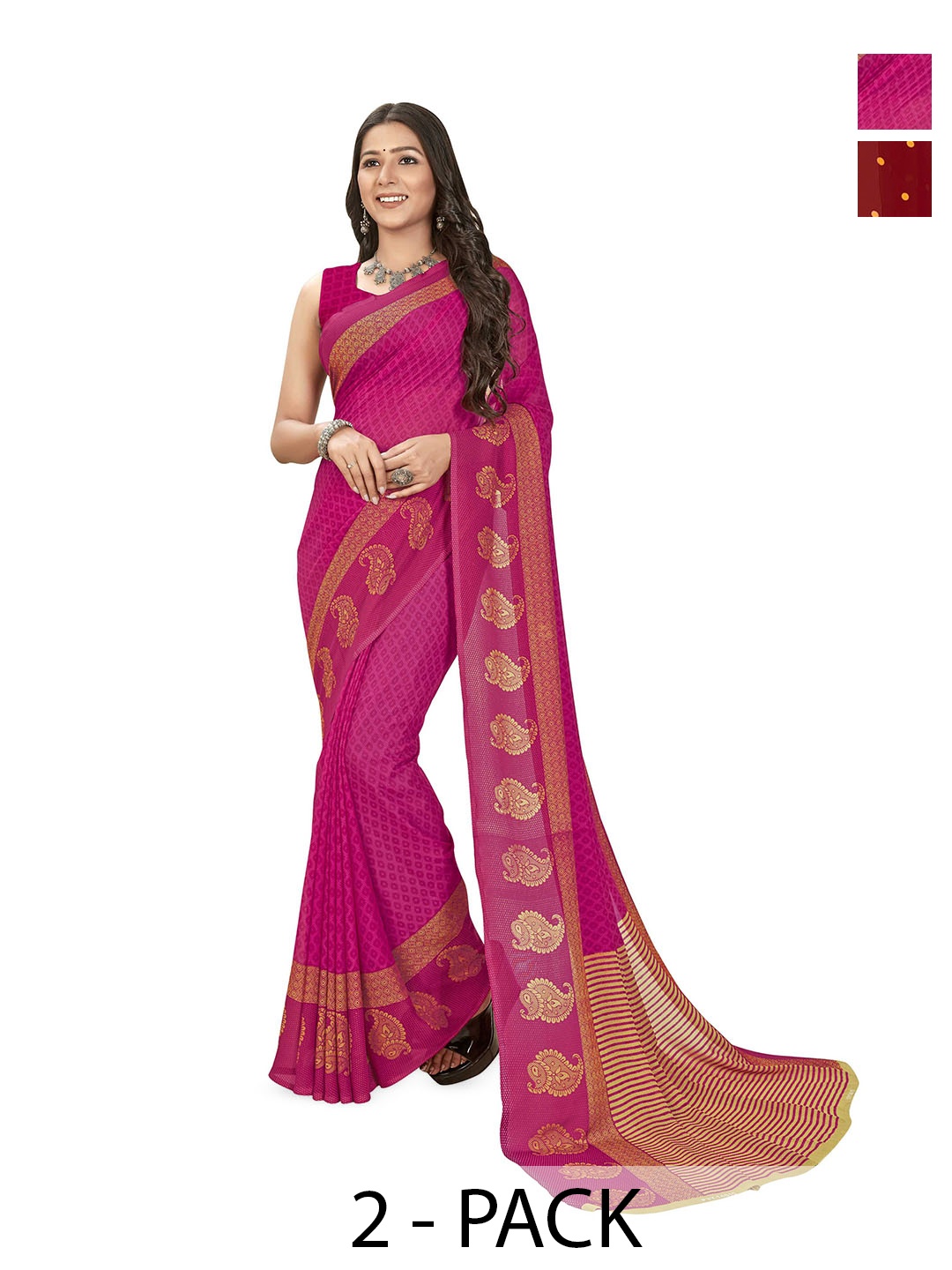 

ANAND SAREES Selection of 2 Polka Dot Printed Sarees, Red