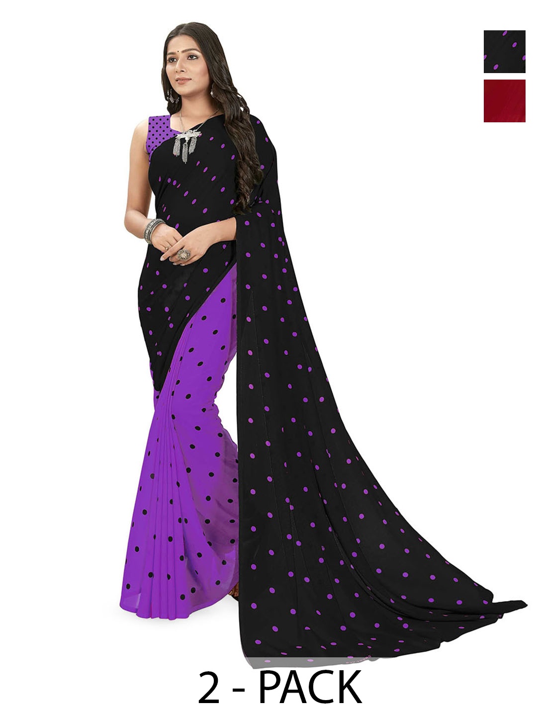 

ANAND SAREES Polka Dot Saree Pack of 2, Black
