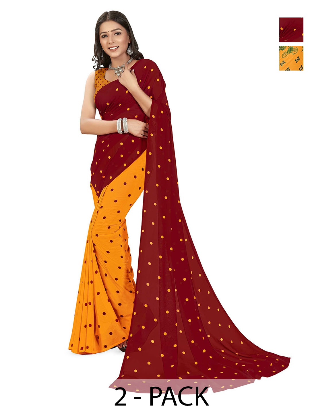 

ANAND SAREES Pack Of 2 Polka Dot Saree With Blouse Piece, Yellow