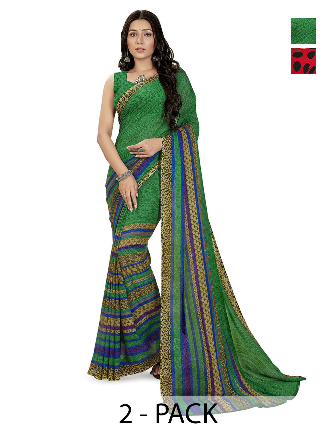 

ANAND SAREES Selection Of 2 Polka Dots Printed Sarees, Red