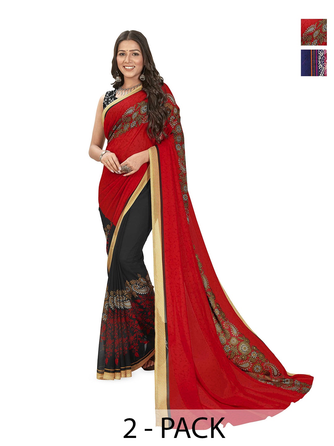 

ANAND SAREES Pack of 2 Floral Printed Sarees, Blue