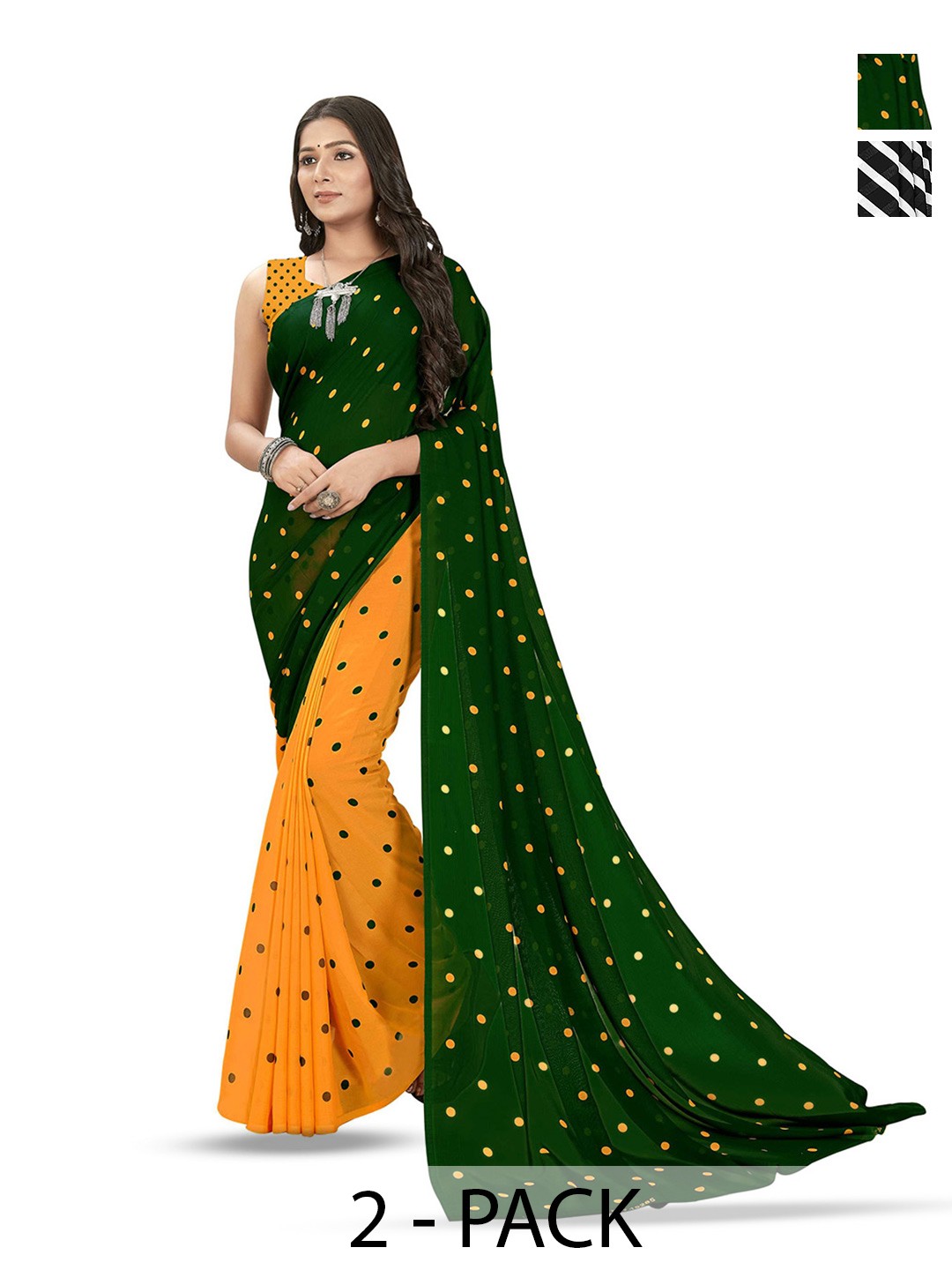 

ANAND SAREES Pack of 2 Polka Dot Saree With Blouse Piece, Black