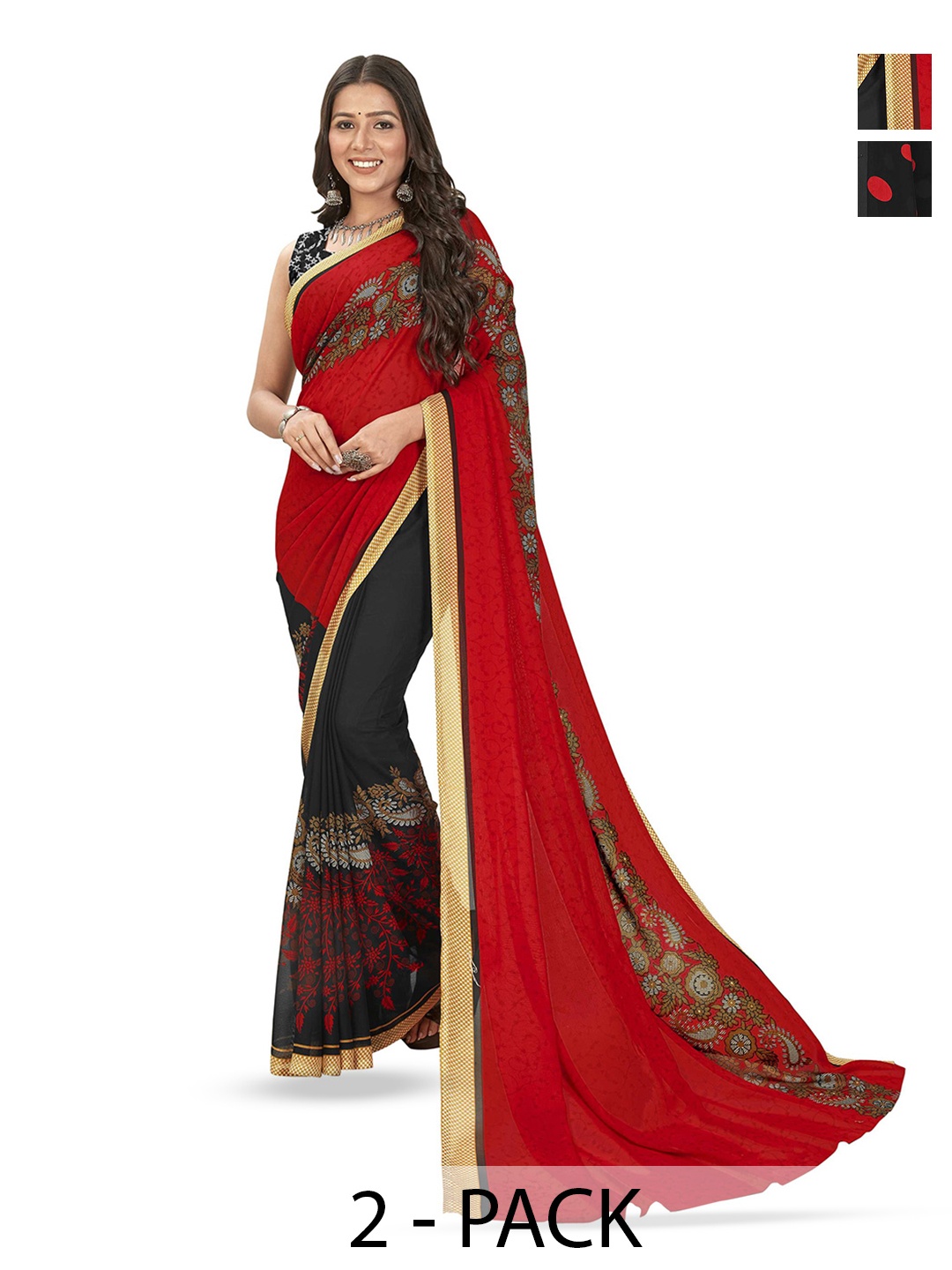

ANAND SAREES Pack Of 2 Floral Saree With Blouse Piece, Black