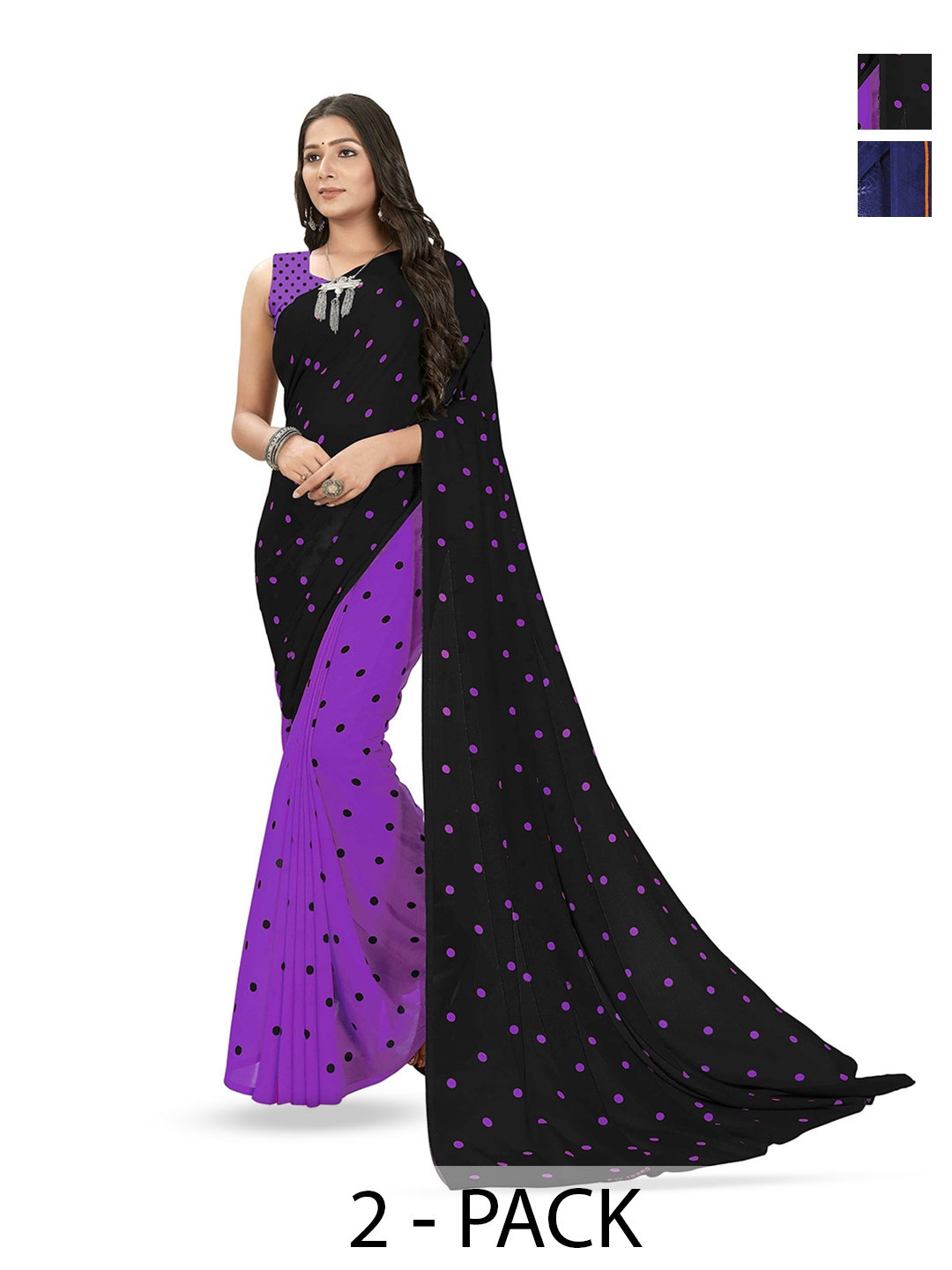 

ANAND SAREES Polka Dot Floral Saree Pack of 2, Black