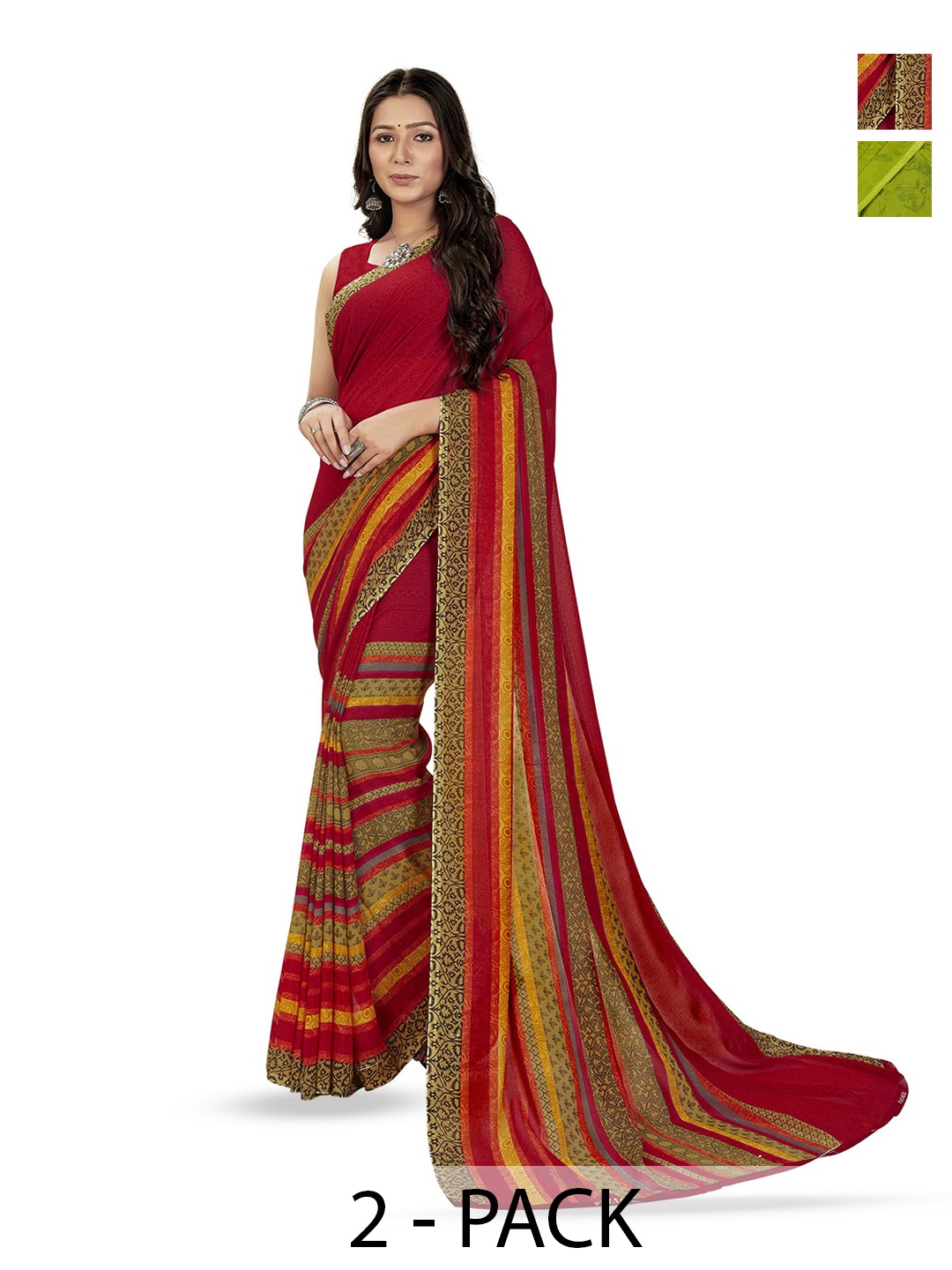 

ANAND SAREES Selection Of 2 Floral Printed Saree, Green