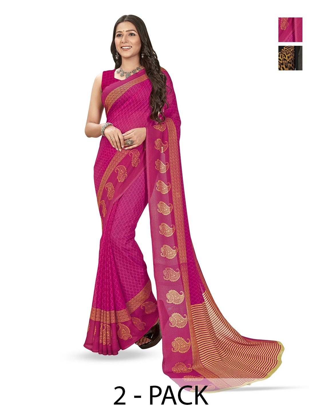 

ANAND SAREES Pack of 2 Ethnic Motifs Saree With Blouse Piece, Brown
