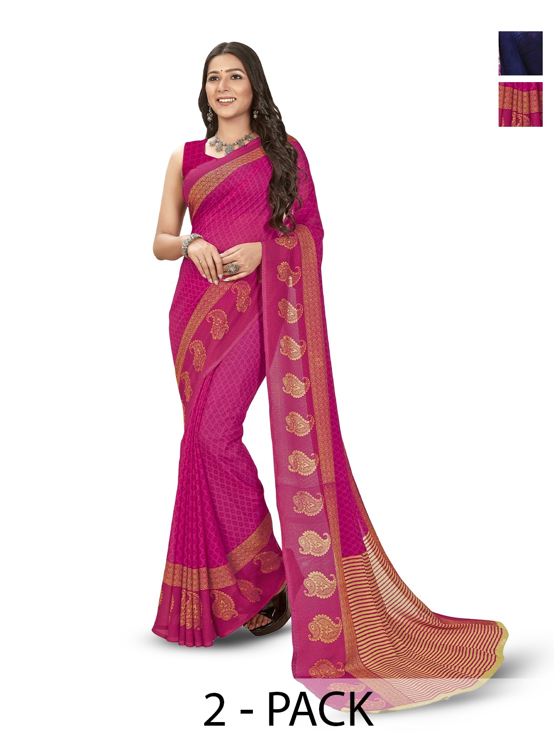 

ANAND SAREES Pack Of 2 Floral Saree With Blouse Piece, Blue