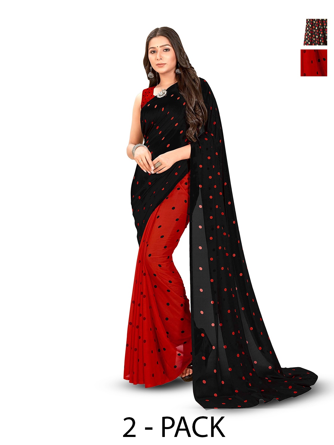 

ANAND SAREES Pack of 2 Polka Dot Saree With Blouse Piece, Black