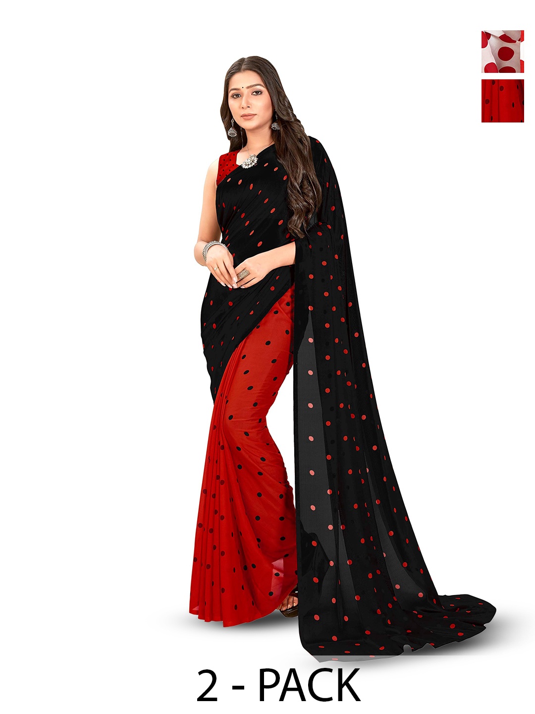 

ANAND SAREES Pack of 2 Polka Dot Saree With Blouse Piece, Black