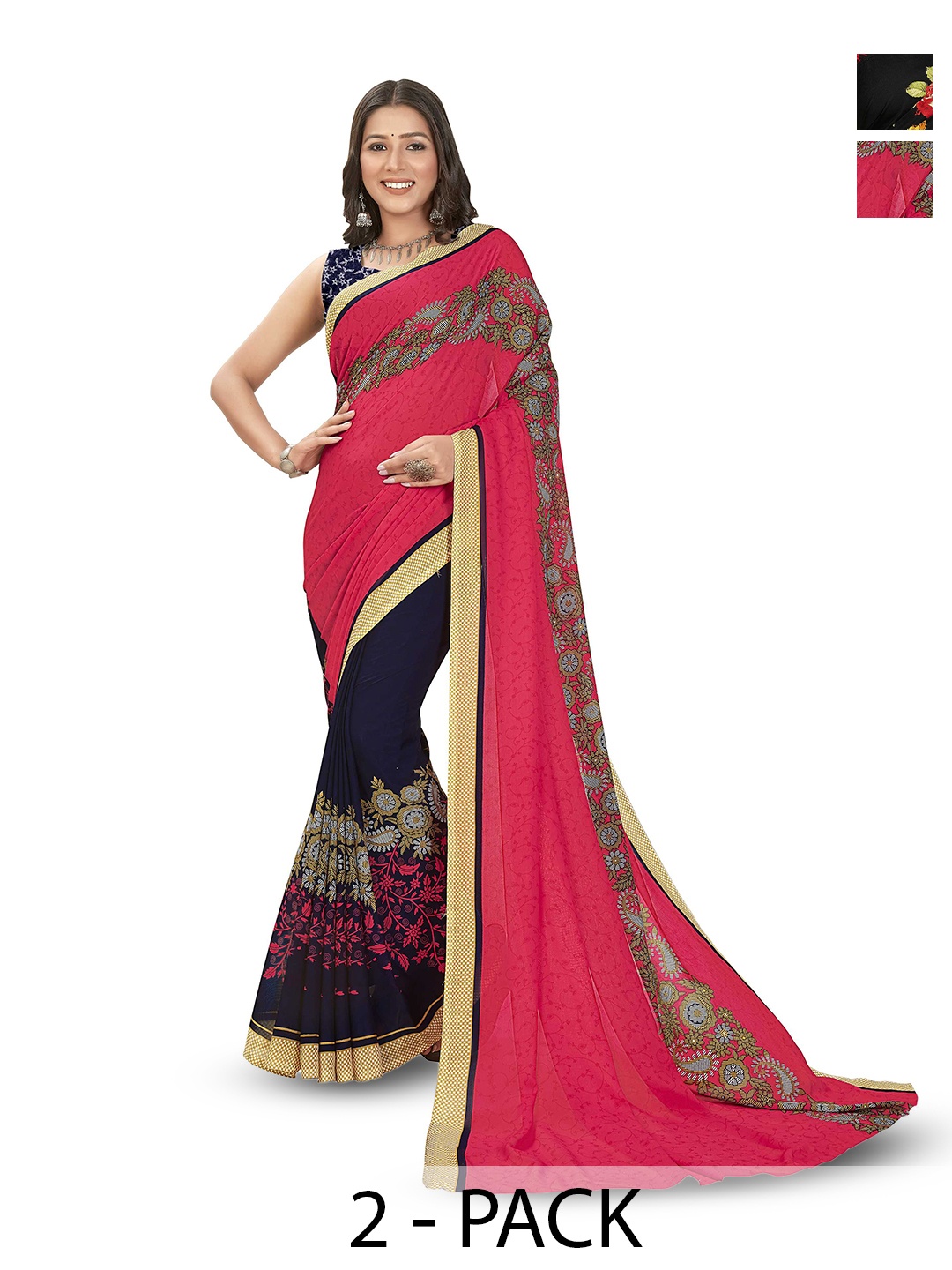 

ANAND SAREES Selection Of 2 Floral Printed Sarees, Black