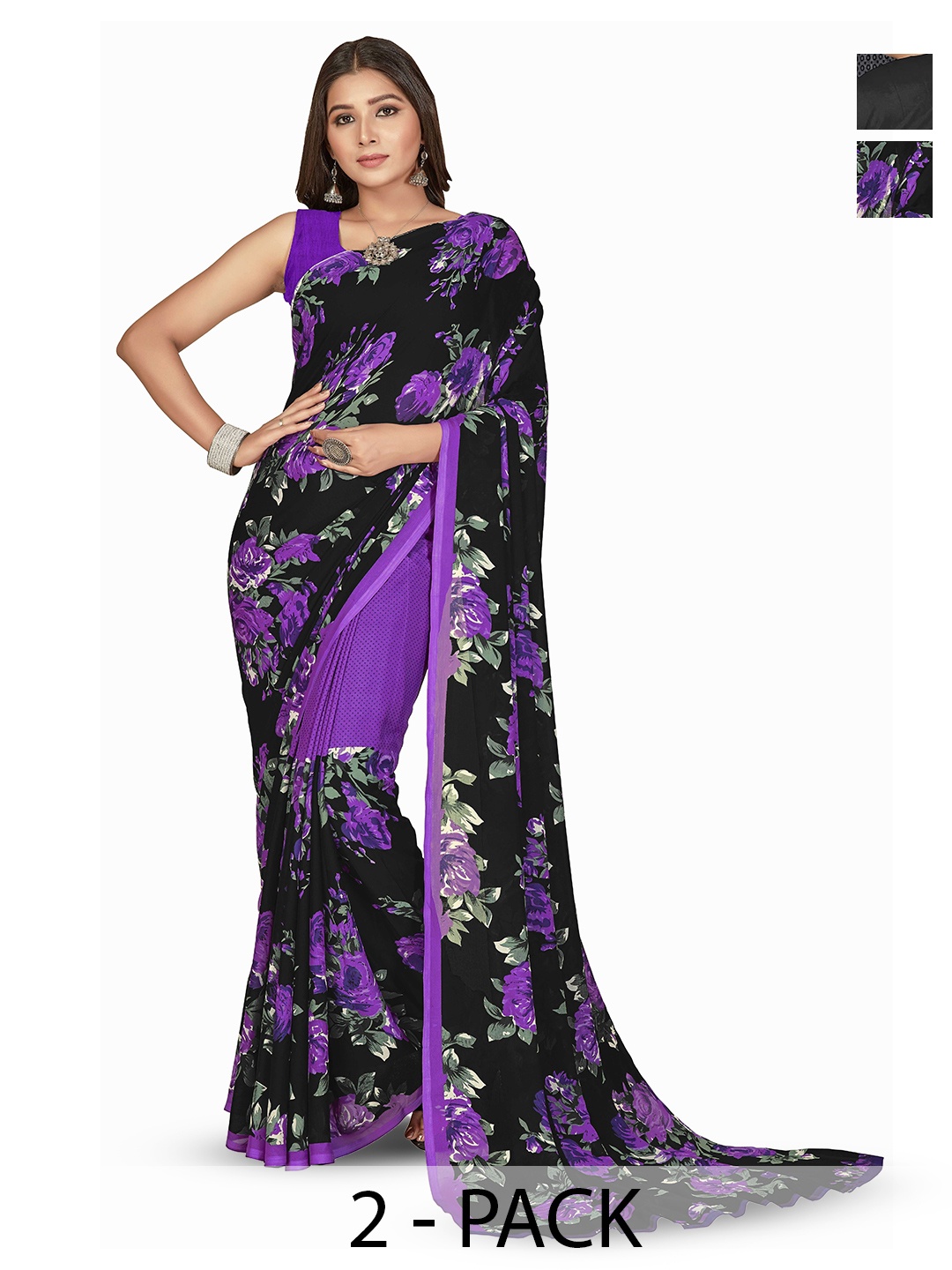 

ANAND SAREES Pack Of 2 Floral Saree With Blouse Piece, Black