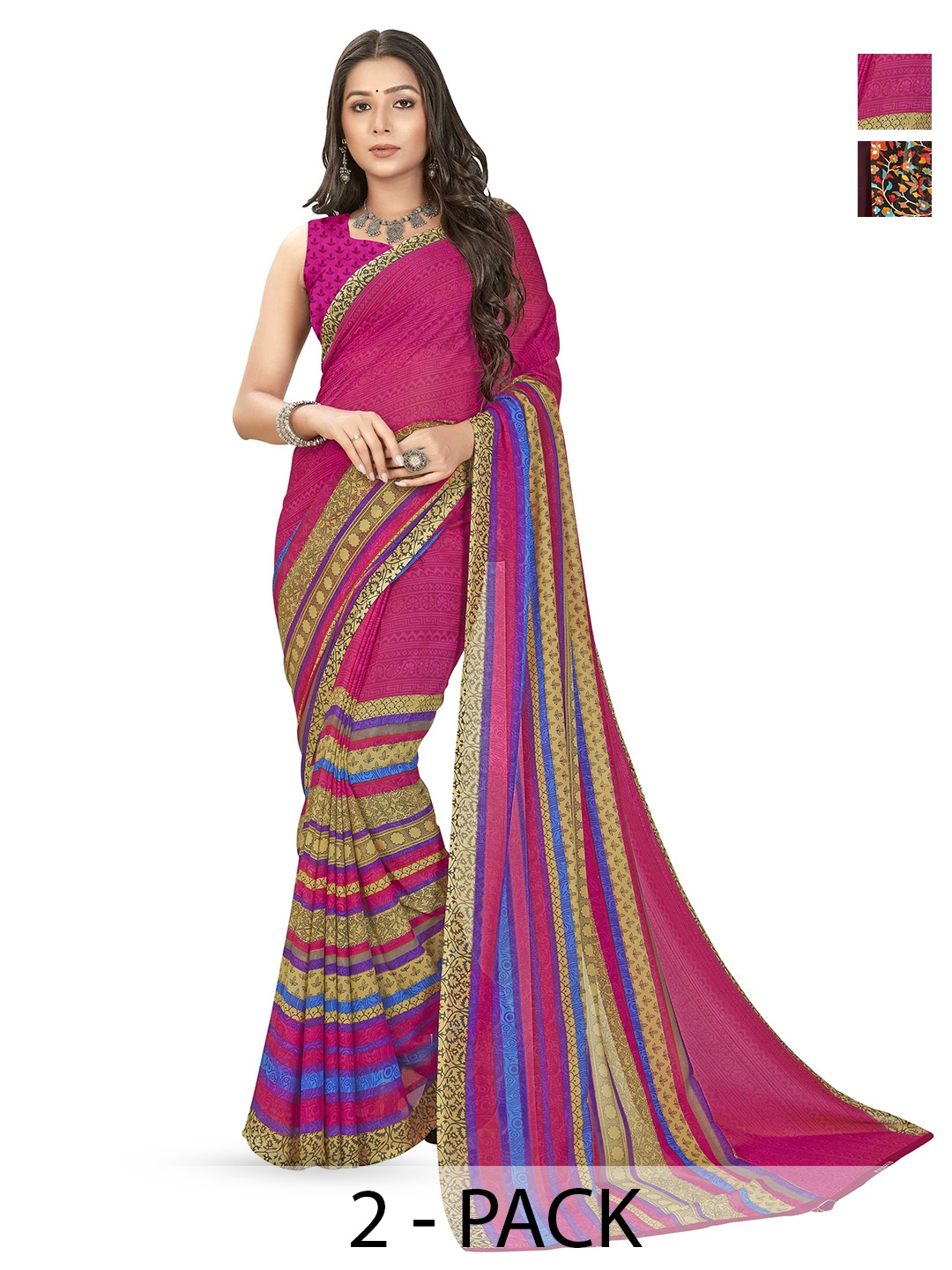 

ANAND SAREES Pack of 2 Ethnic Motifs Saree With Blouse Piece, Pink
