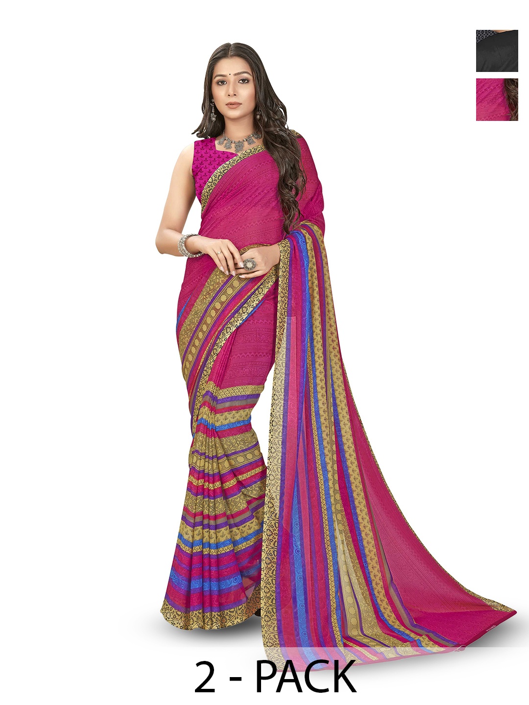

ANAND SAREES Pack of 2 Ethnic Motifs Saree With Blouse Piece, Pink