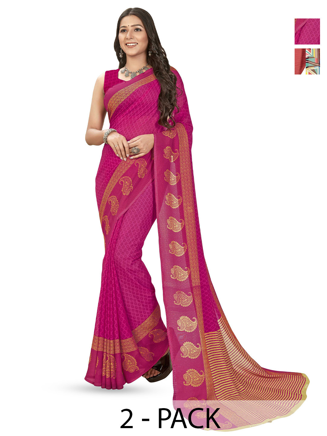 

ANAND SAREES Ethnic Motifs Pack Of 2 Saree With Blouse Piece, Pink
