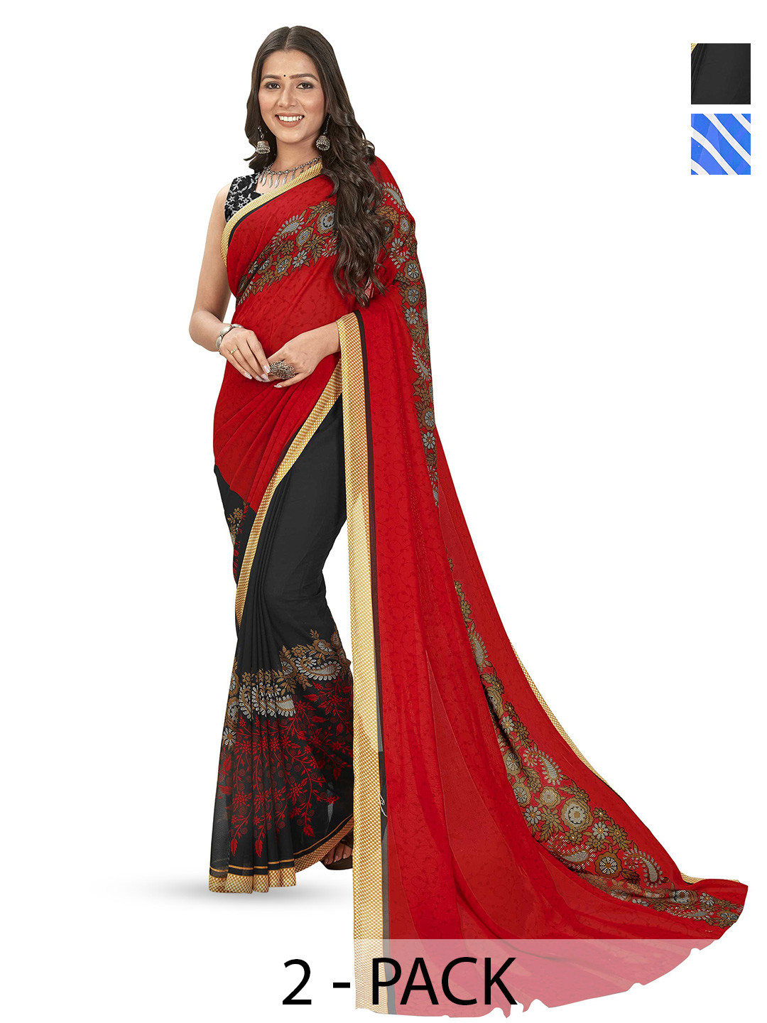 

ANAND SAREES Pack of 2 Ethnic Motifs Saree With Blouse Piece, Blue