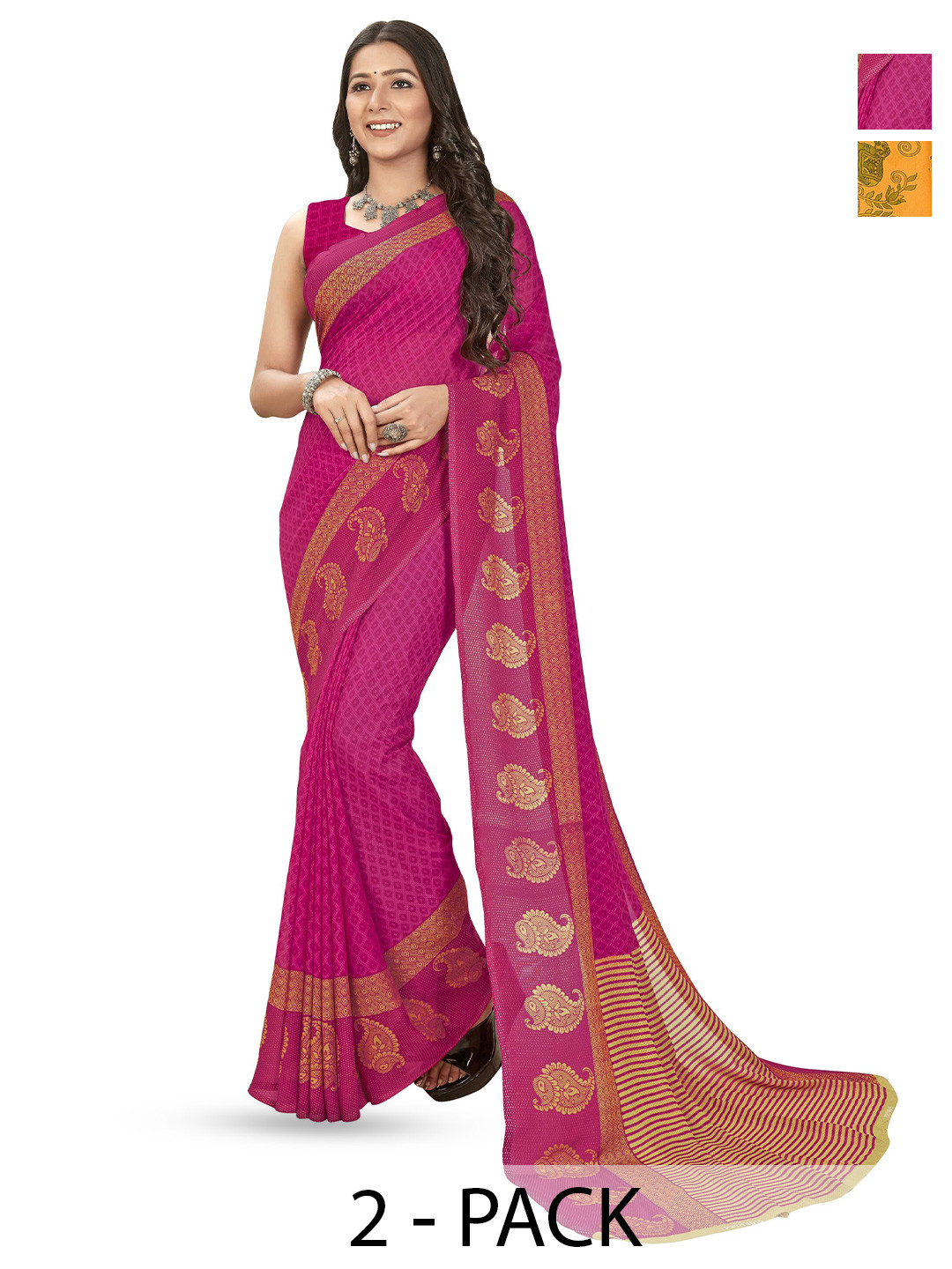 

ANAND SAREES Pack of 2 Ethnic Motifs Saree With Blouse Piece, Yellow