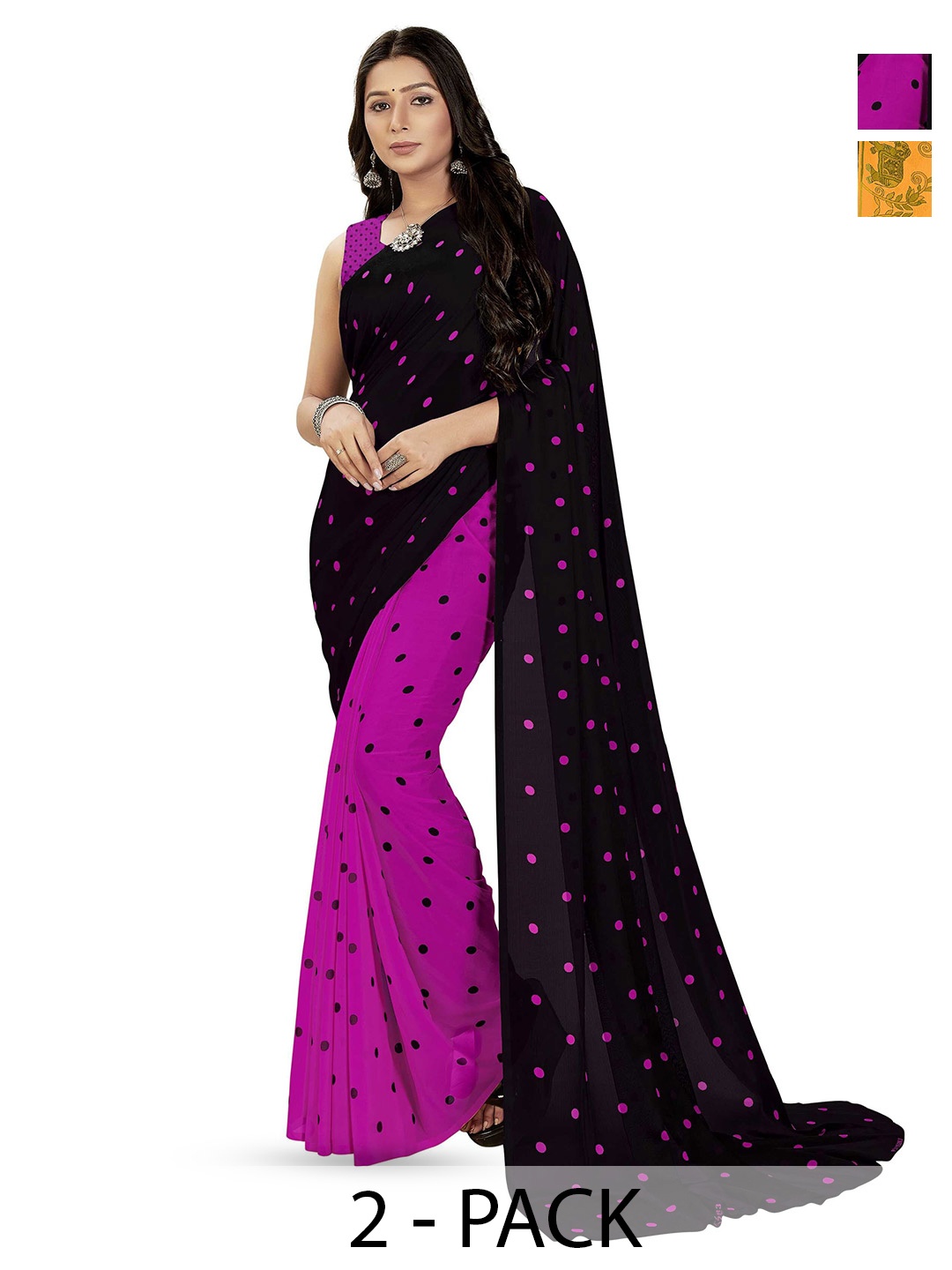 

ANAND SAREES Selection of 2 Polka Dot Printed Sarees, Black