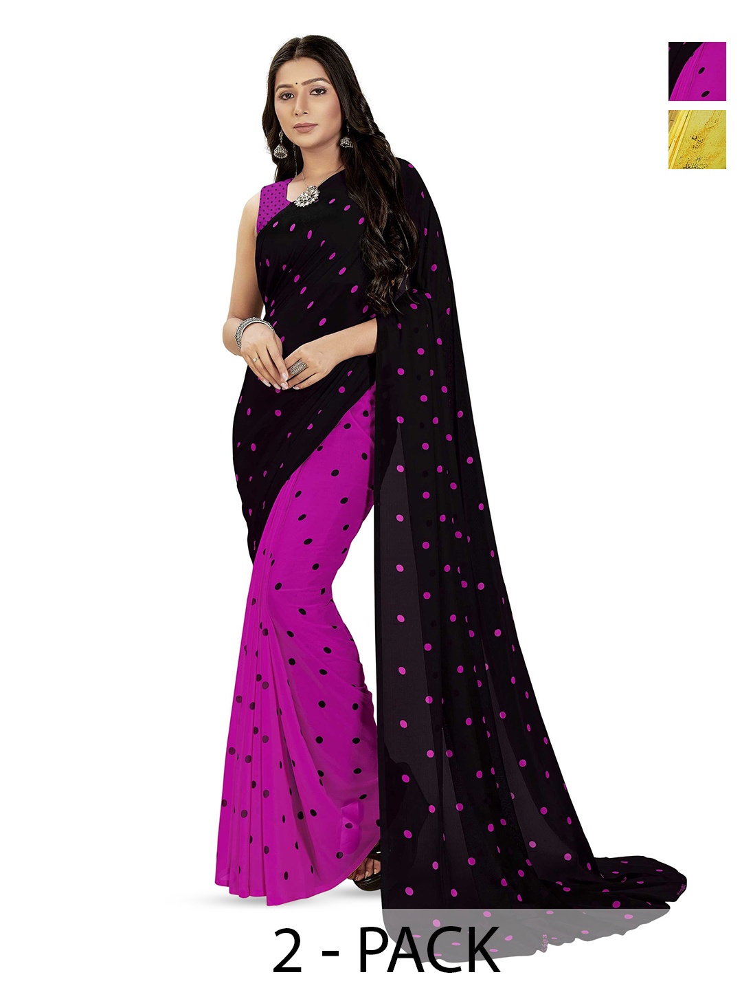 

ANAND SAREES Pack Of 2 Polka Dot Saree With Blouse Piece, Black