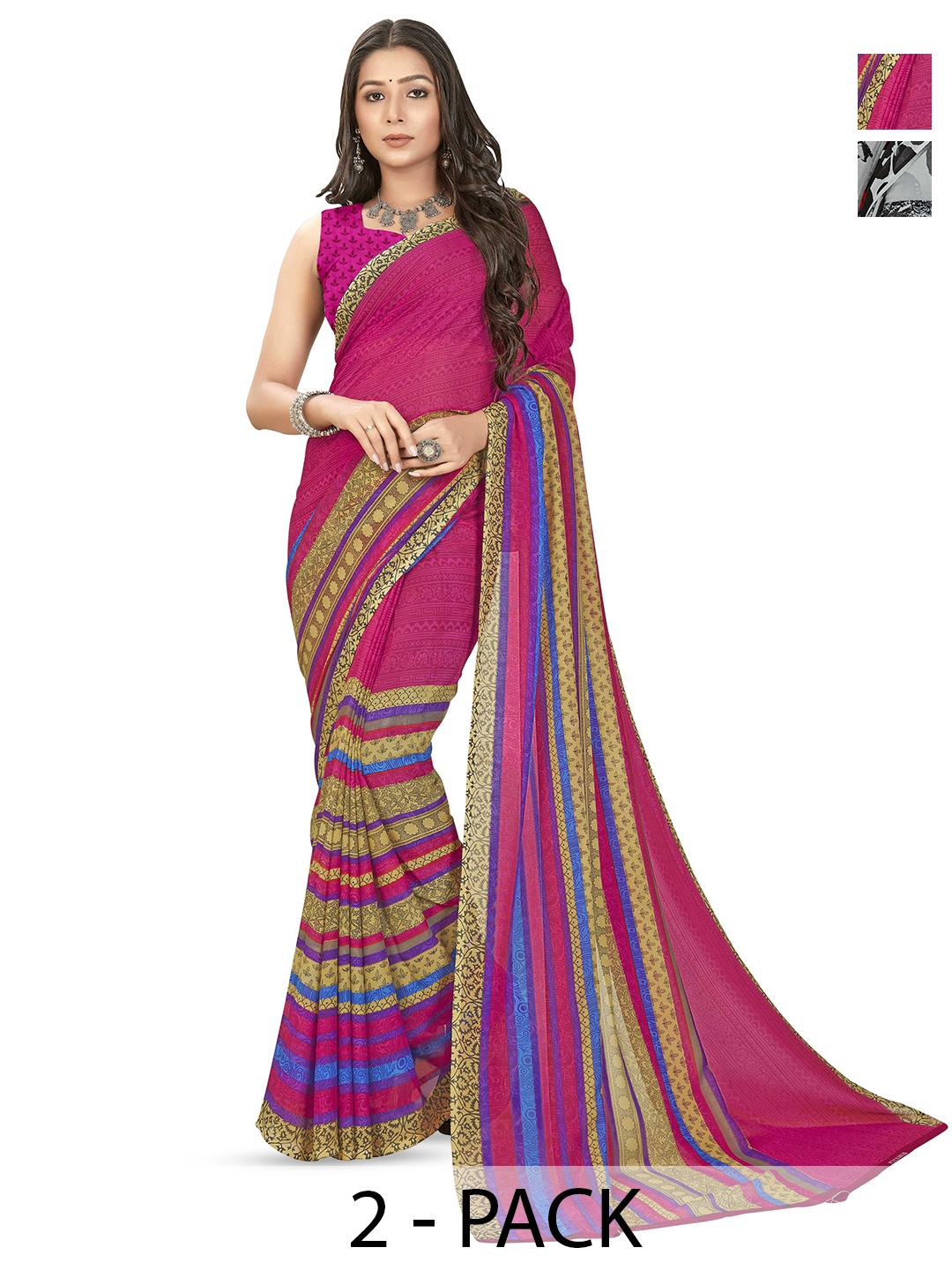 

ANAND SAREES Pack Of 2 Ethnic Motifs Saree With Blouse Piece, Pink
