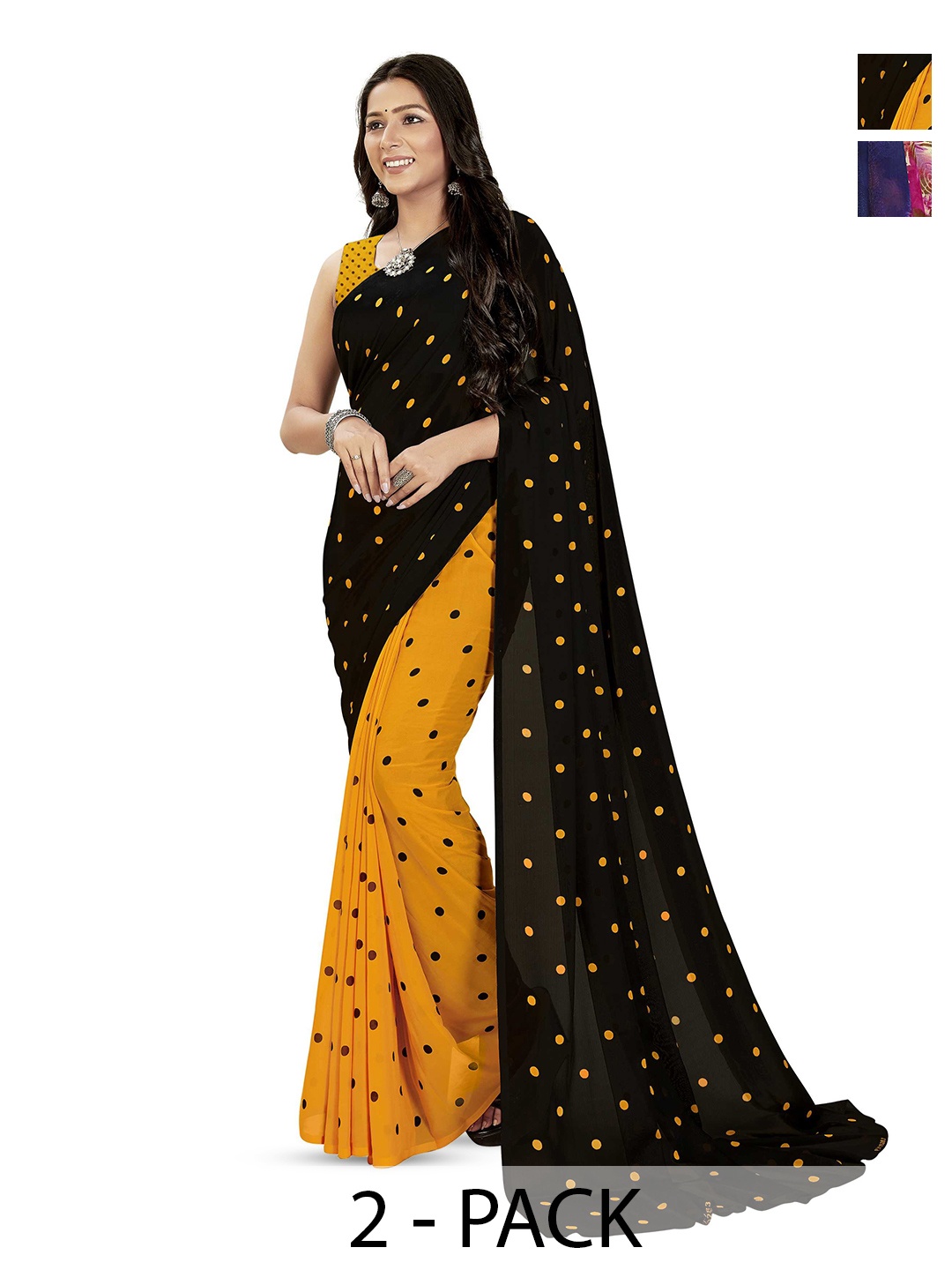 

ANAND SAREES Pack Of 2 Polka Dot Saree With Blouse Piece, Black