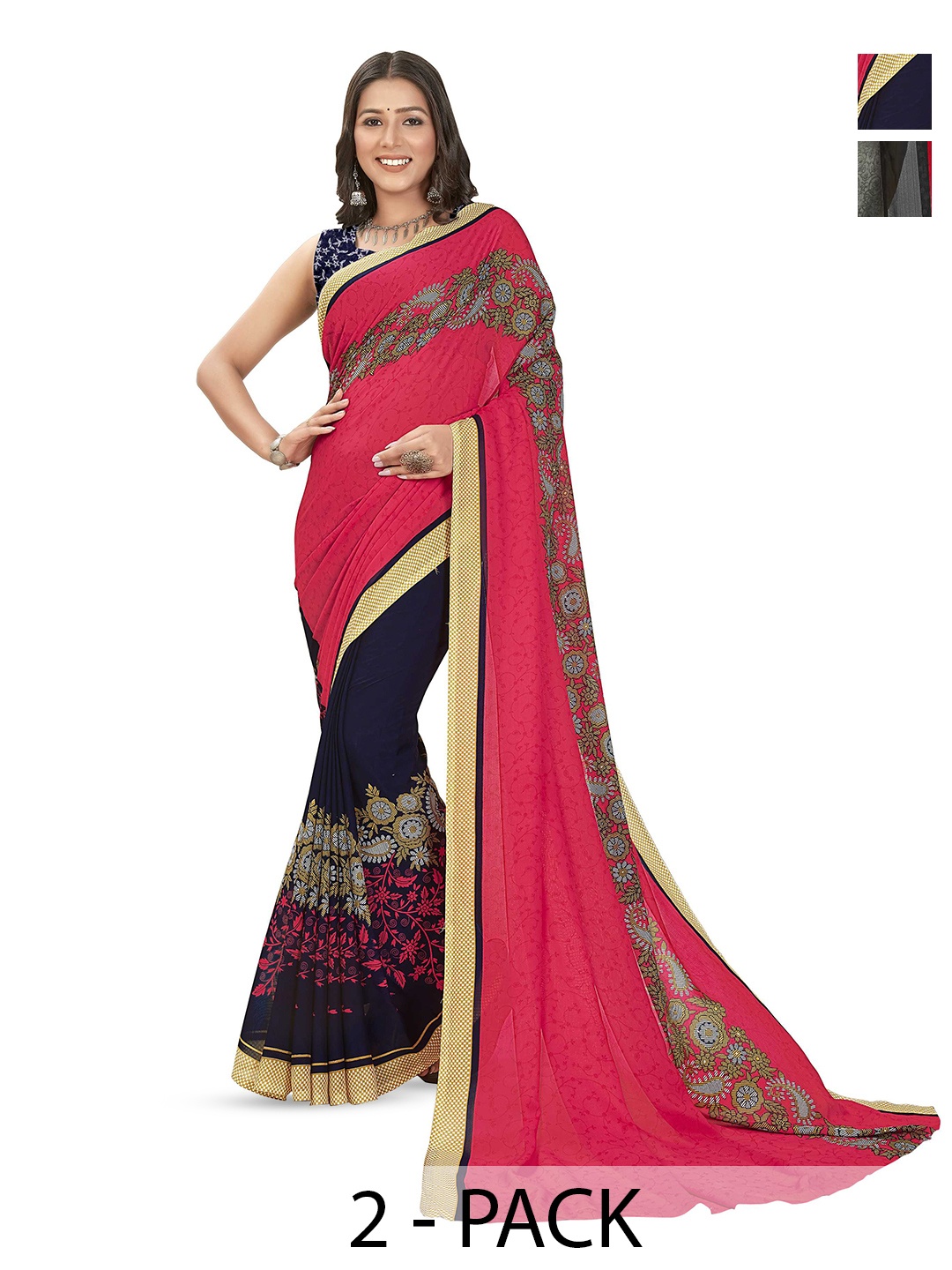 

ANAND SAREES Pack Of 2 Ethnic Motifs Saree With Blouse Piece, Pink