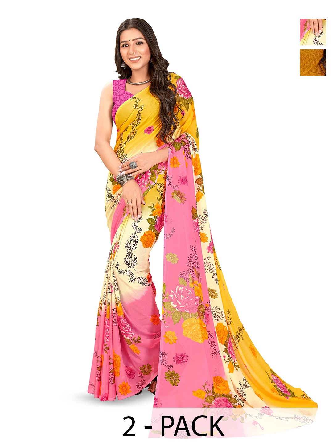 

ANAND SAREES Pack Of 2 Floral Saree With Blouse Piece, Pink