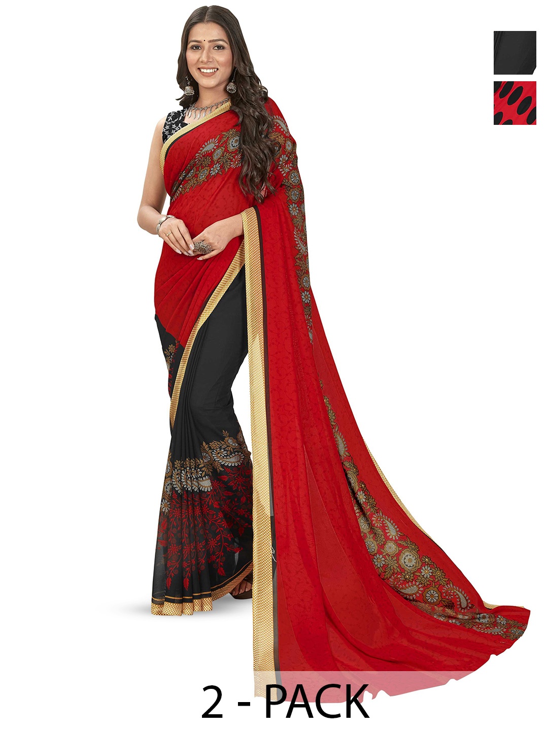 

ANAND SAREES Selection Of 2 Floral Printed Sarees, Red