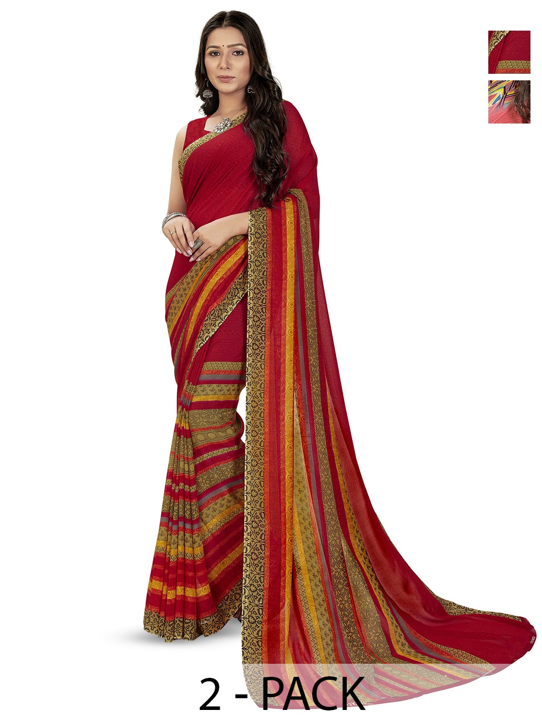 

ANAND SAREES Pack Of 2 Ethnic Motifs Saree With Blouse Piece, Red